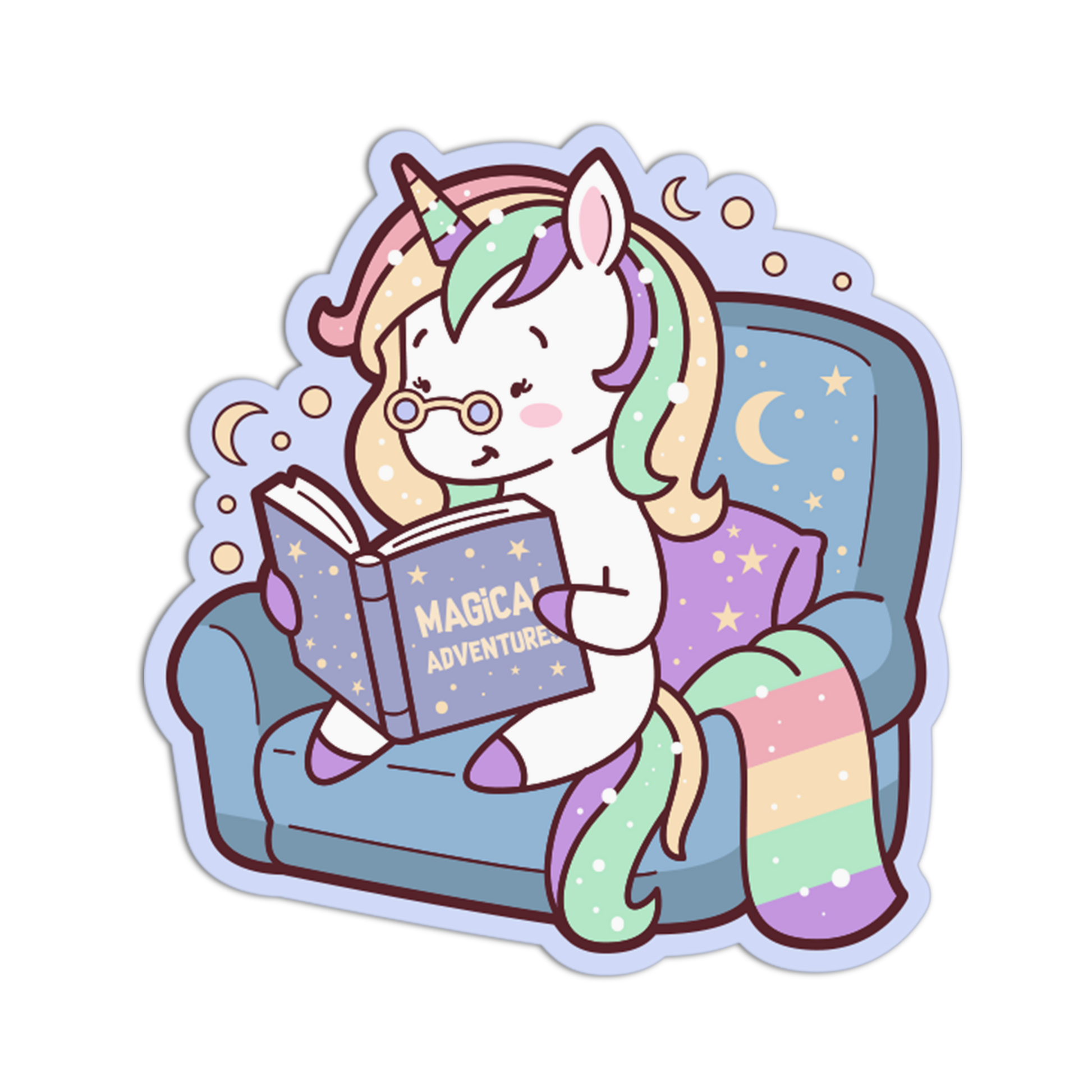 Cartoon unicorn reading a book titled 'Magical Adventure' on a couch with a pastel color scheme.