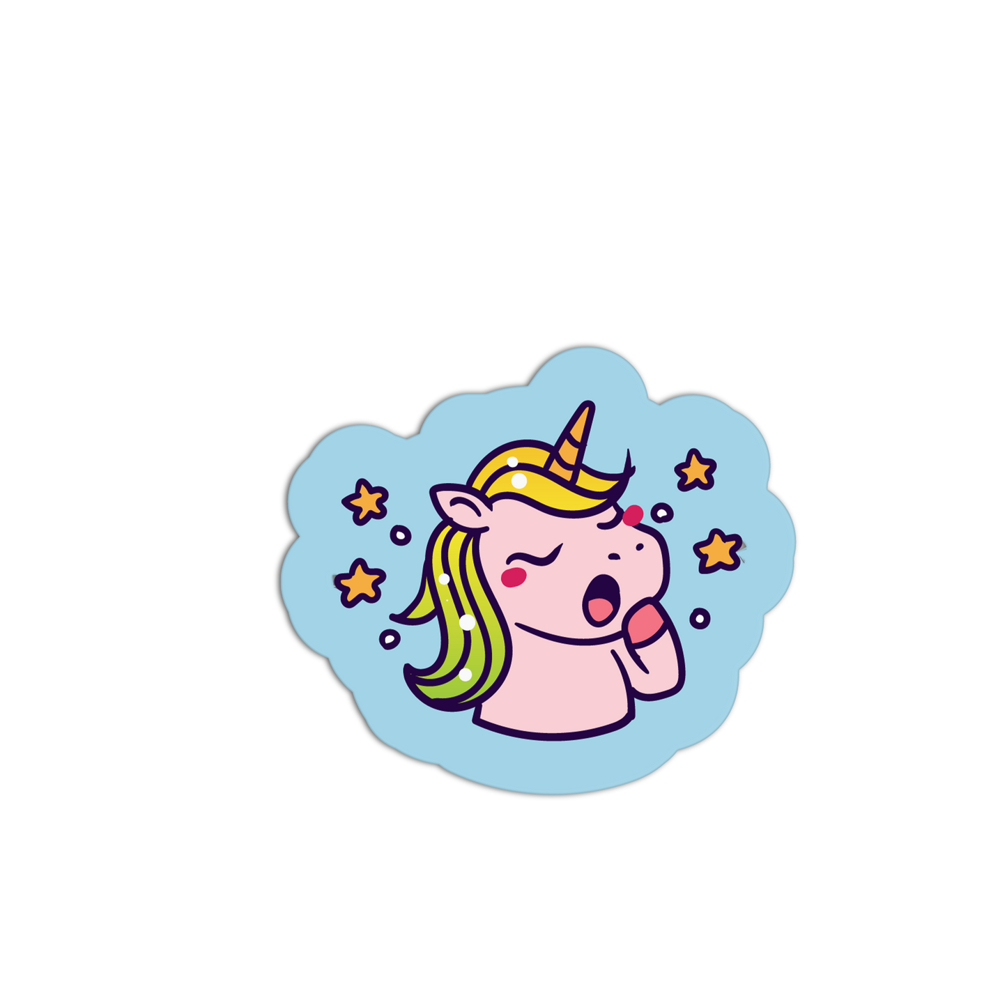Cartoon unicorn sticker with a blue cloud background