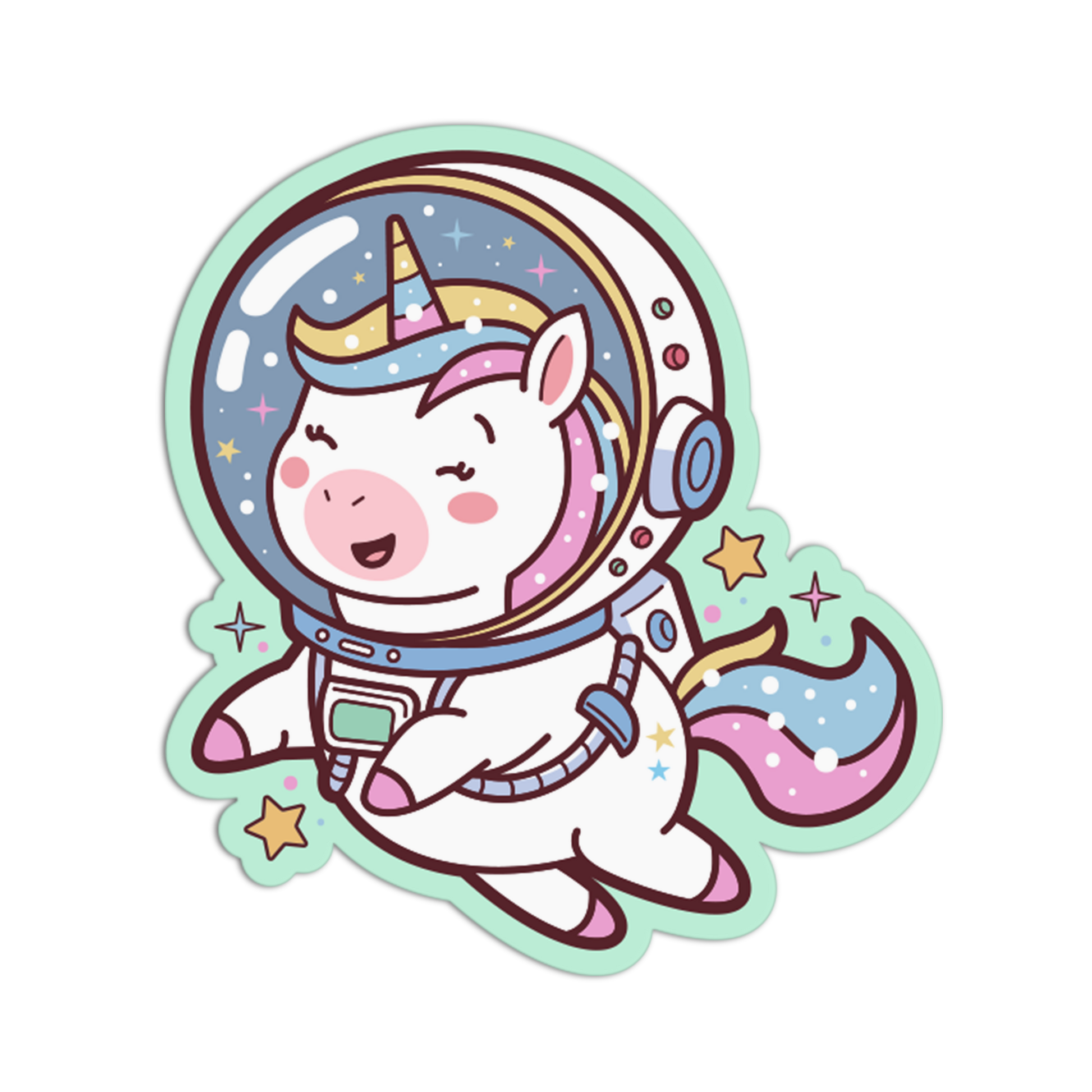 Cartoon unicorn in an astronaut suit with a space helmet on a white background