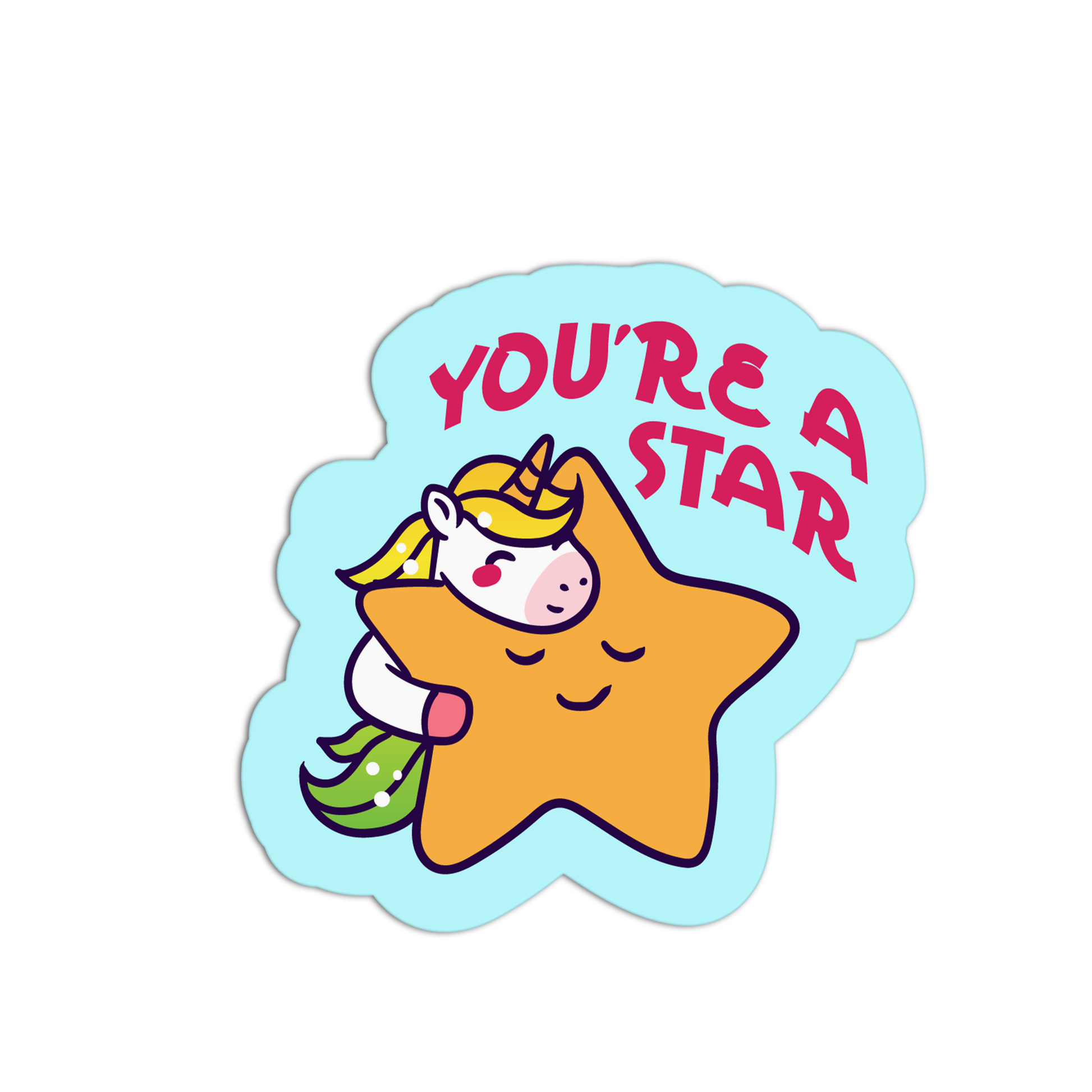 Sticker with a cartoon star and unicorn holding a star, with 'You're a Star' text on a light blue background.