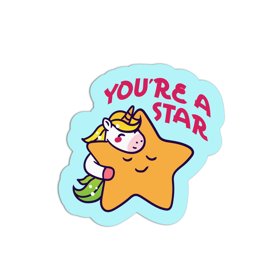Sticker with a cartoon star and unicorn holding a star, with 'You're a Star' text on a light blue background.