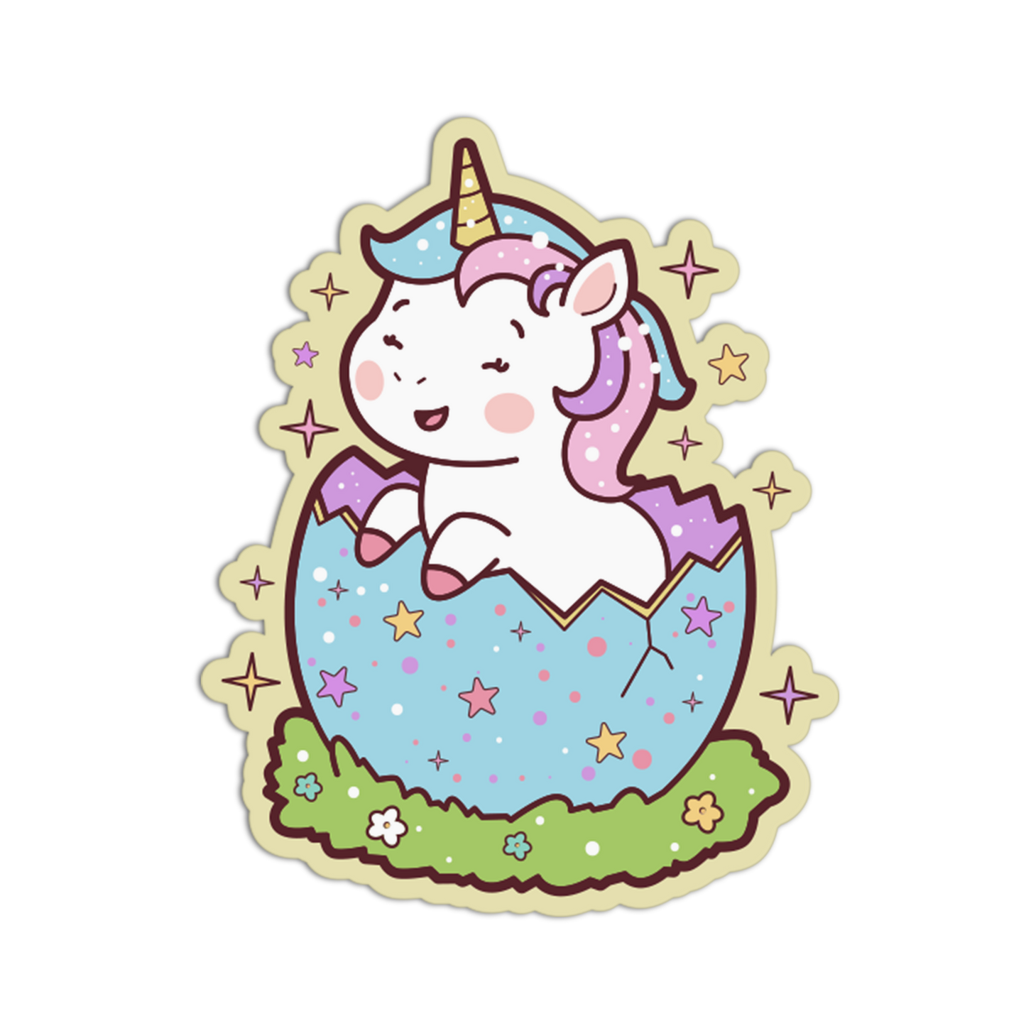 Cartoon unicorn hatching from an egg with a pastel color scheme on a white background