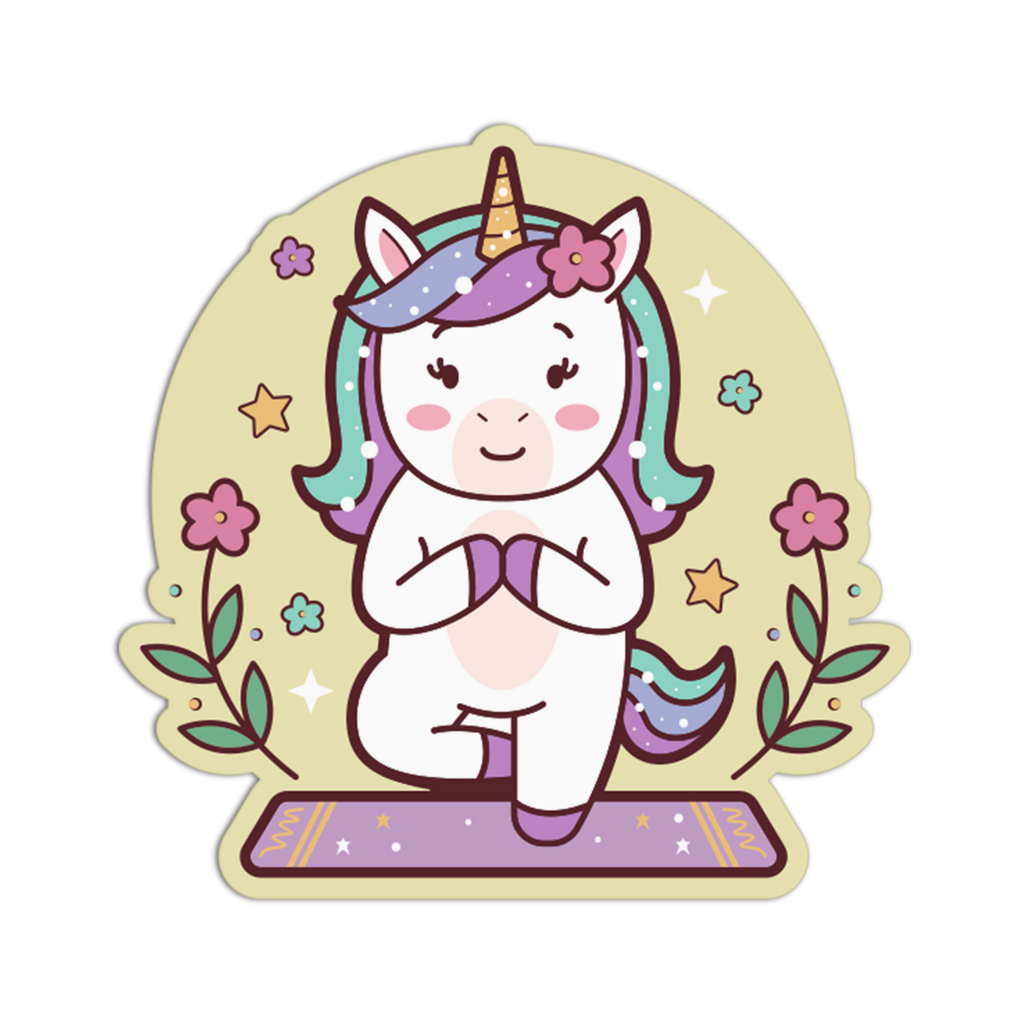 Cartoon unicorn doing yoga on a white background