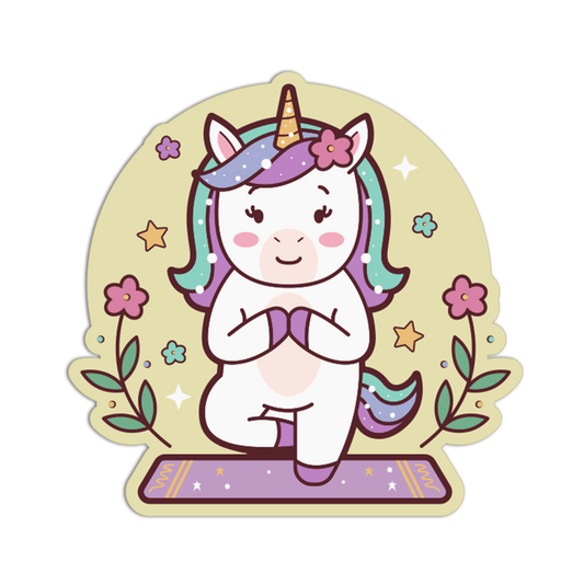Cartoon unicorn doing yoga on a white background