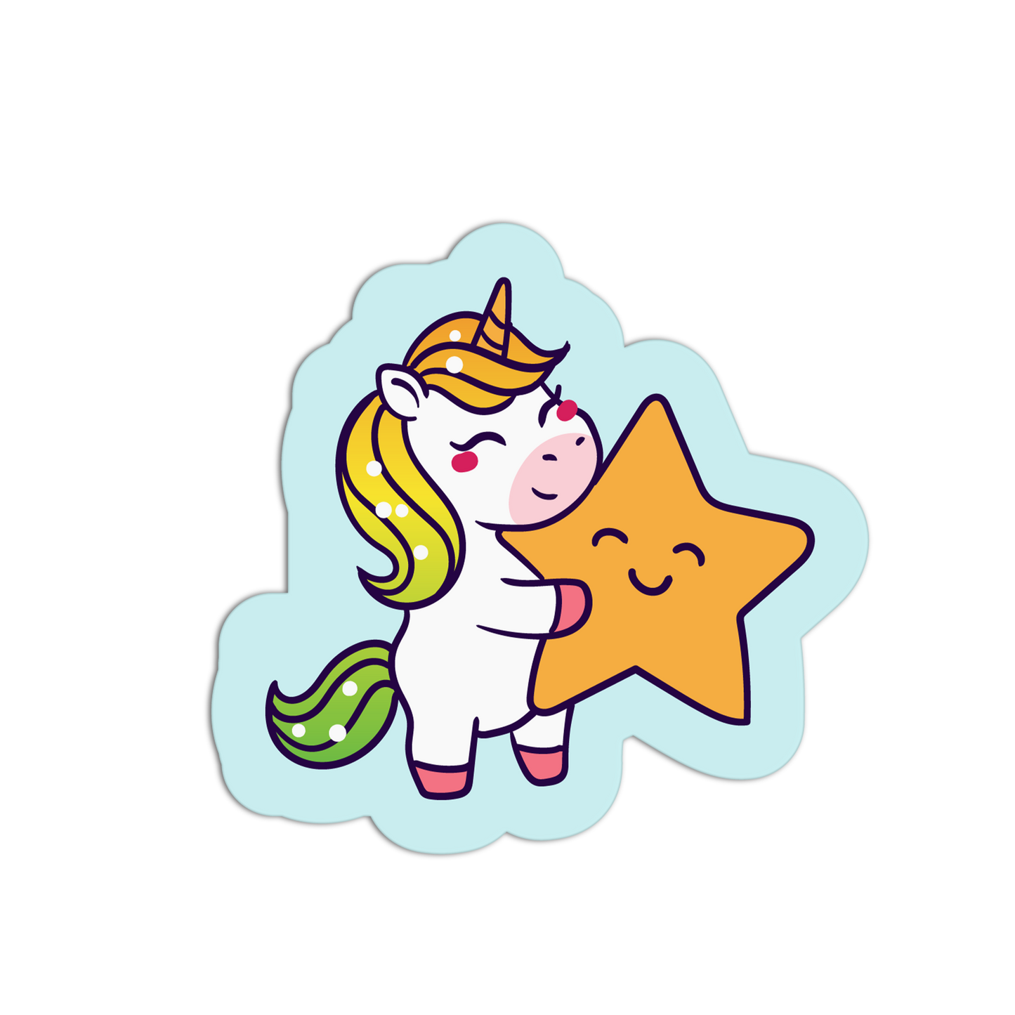 Cartoon unicorn holding a star with a light blue cloud-like border on a white background