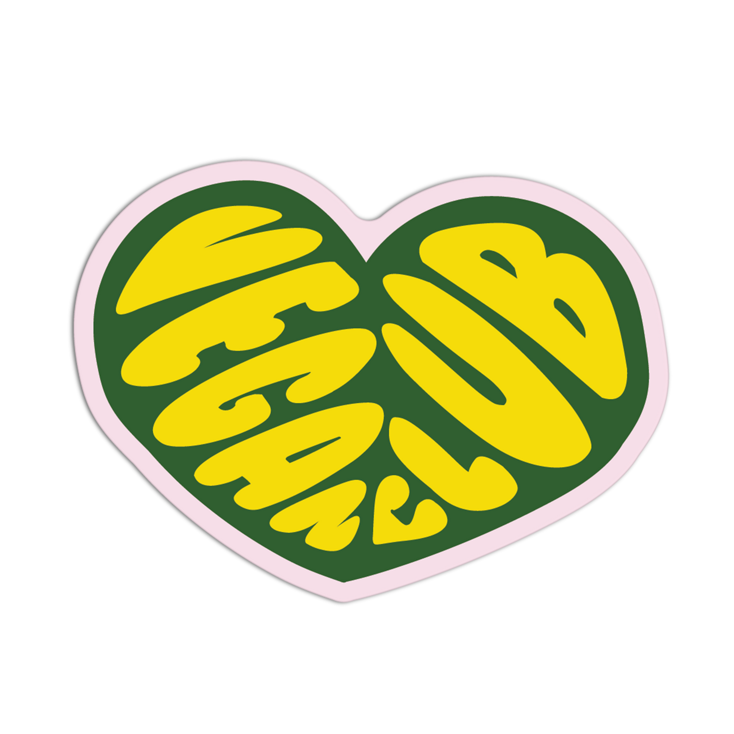 Heart-shaped sticker with yellow text 'MEGA CLUB' on a green background