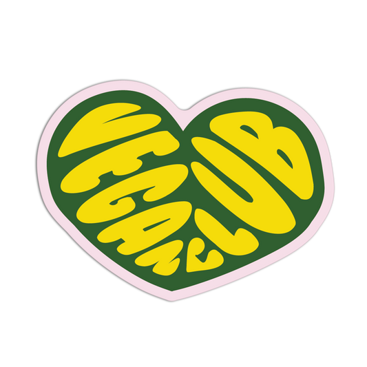 Heart-shaped sticker with yellow text 'MEGA CLUB' on a green background