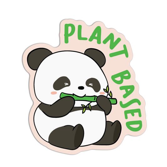 Sticker with a panda holding bamboo and 'Plant Based' text on a white background