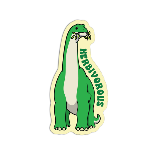 Sticker of a green dinosaur with 'Herbivorous' text on a white background