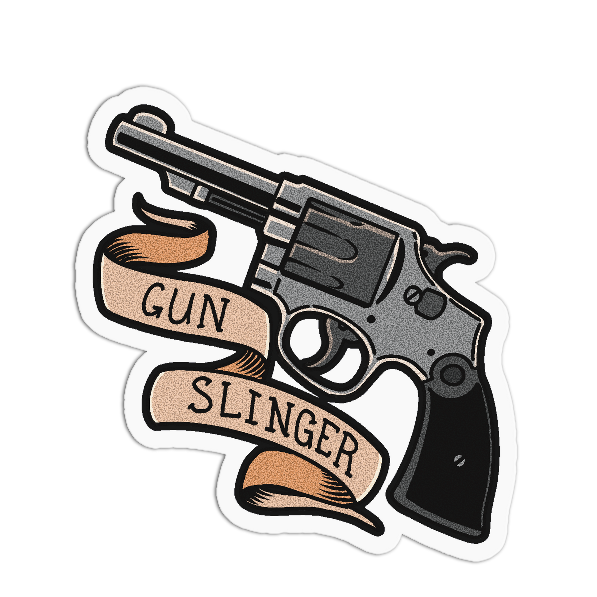 A die-cut sticker featuring a detailed illustration of a revolver pistol with a tan ribbon banner reading 'GUN SLINGER' on a plain white background.