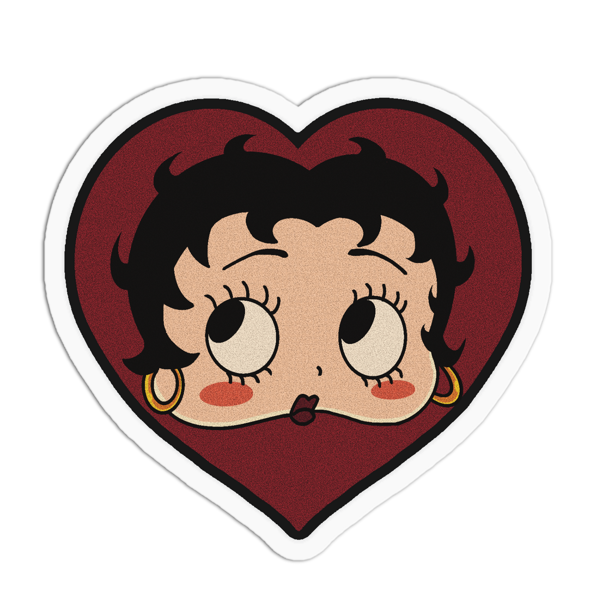 A heart-shaped die-cut sticker featuring a cartoon illustration of Betty Boop's face with large expressive eyes, black hair, gold hoop earrings, and a small mustache, set against a dark red heart background with a white border.