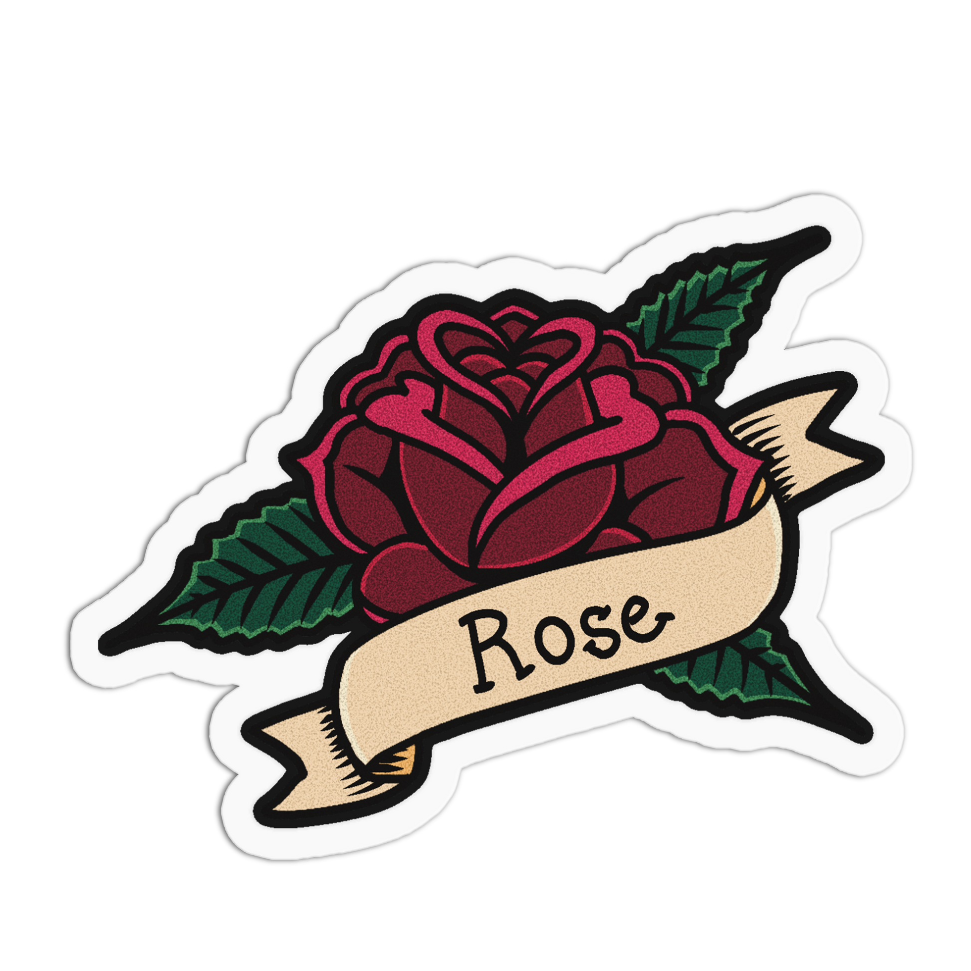 A die-cut sticker featuring a traditional tattoo-style red rose with green leaves and a beige banner across the front that reads 'Rose' in black script, shown on a plain white background.