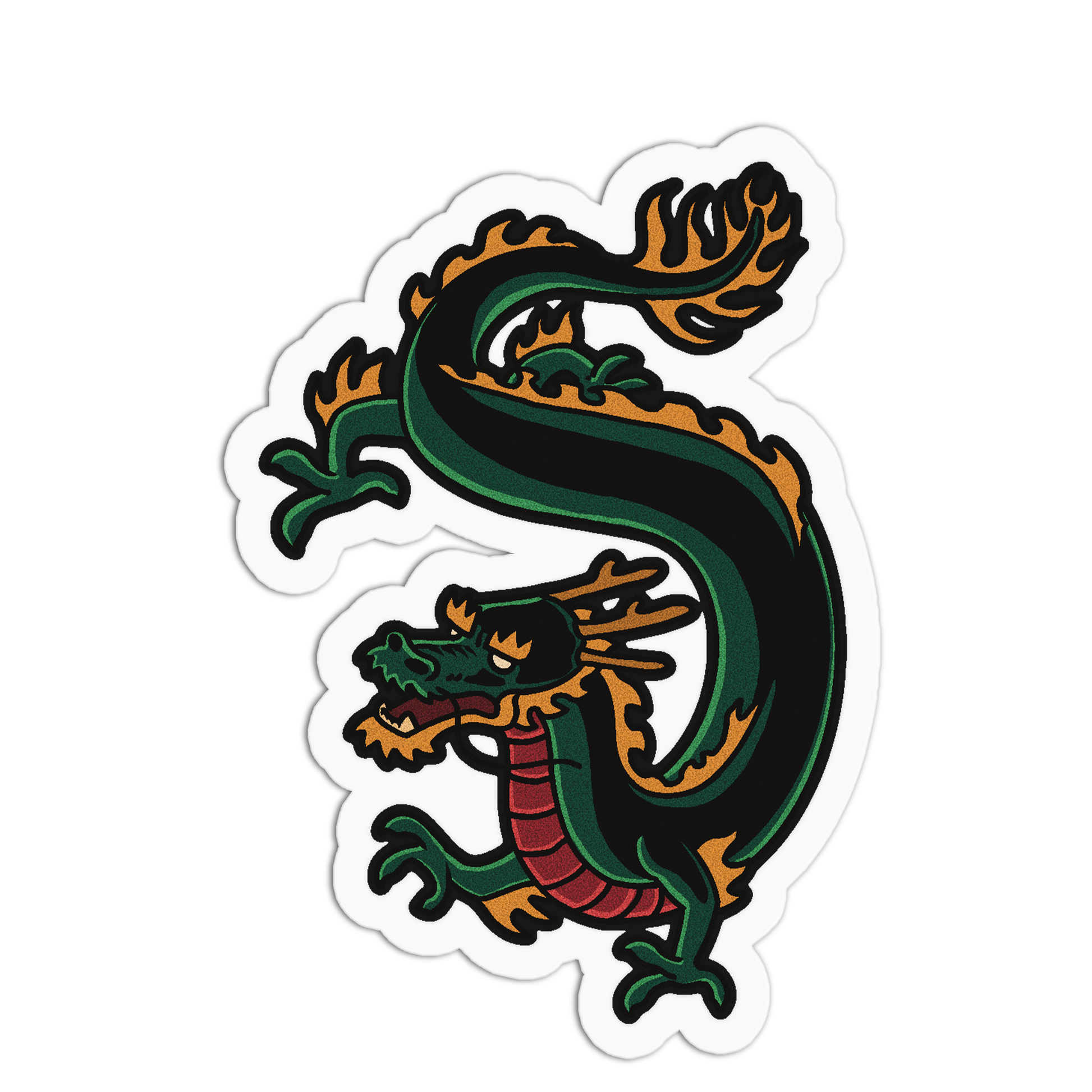 A die-cut vinyl sticker featuring a stylized Chinese dragon in dark green, black, orange, and red, shown on a plain white background.