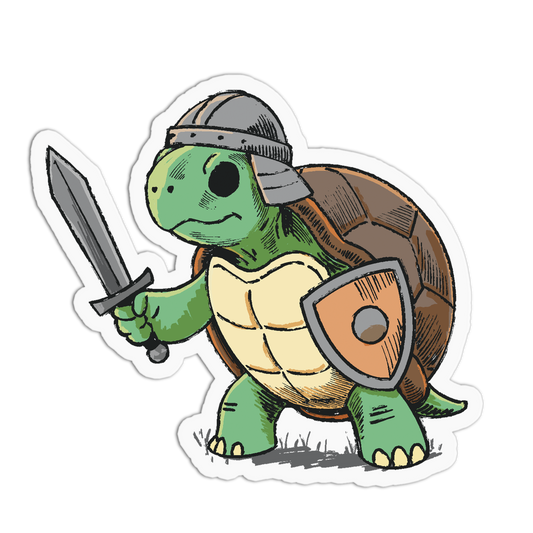 Cartoon turtle warrior holding a sword and shield on a white background
