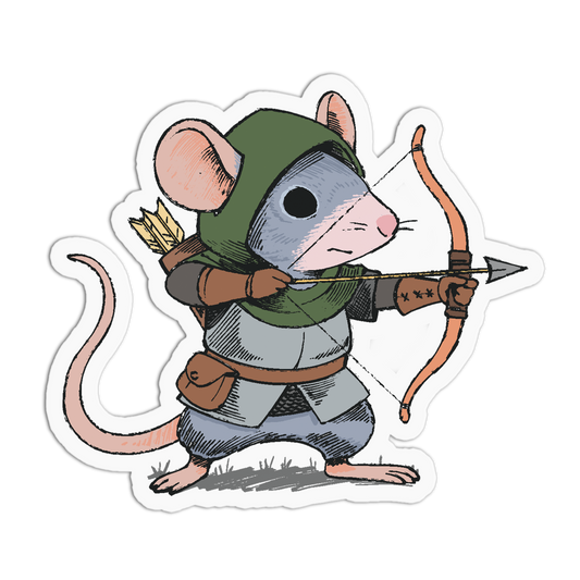 Illustration of a mouse dressed as Robin Hood with a bow and arrow on a white background