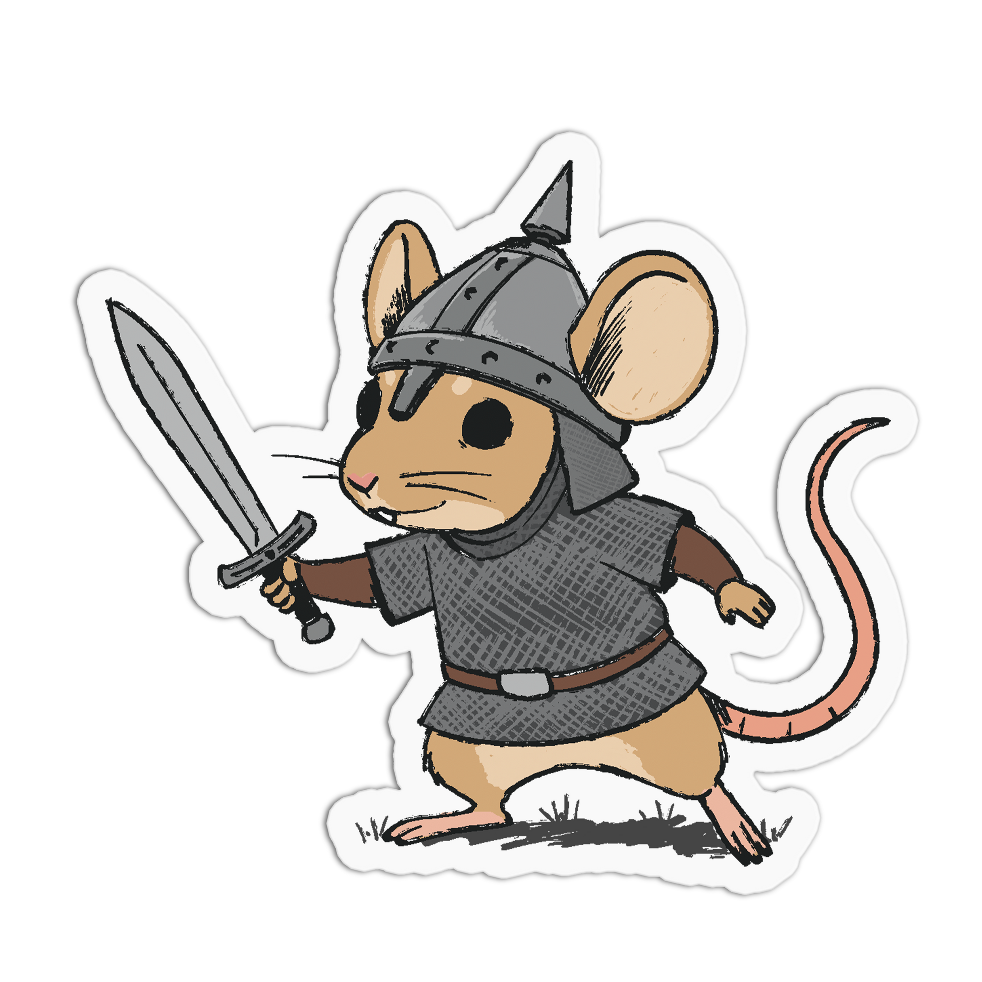 Cartoon mouse in armor holding a sword on a white background