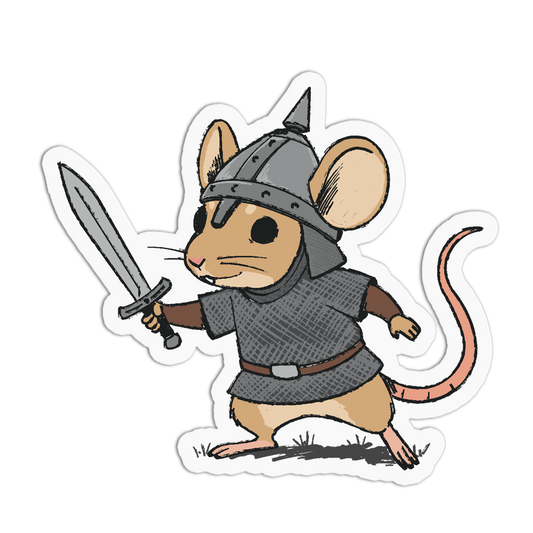 Cartoon mouse in armor holding a sword on a white background