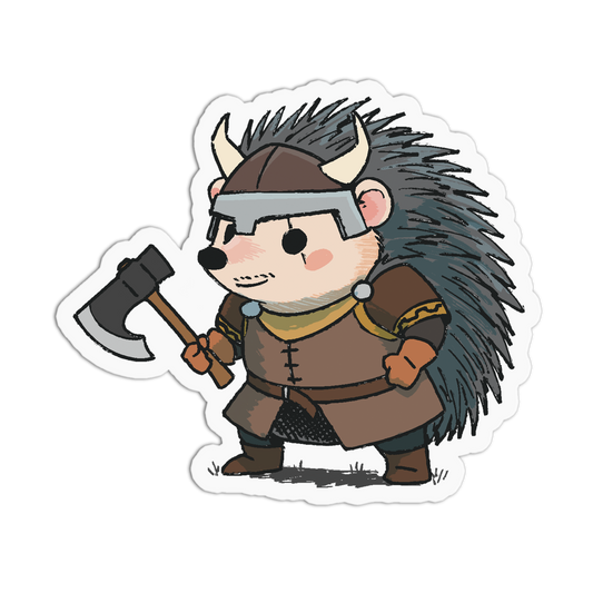 Cartoon hedgehog in Viking costume holding an axe on a white background