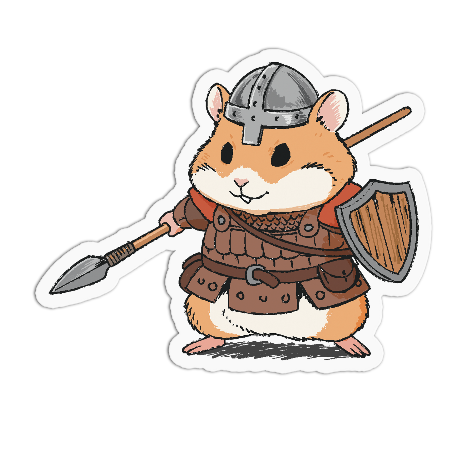 Cartoon hamster in warrior costume with helmet, armor, spear, and shield on a white background