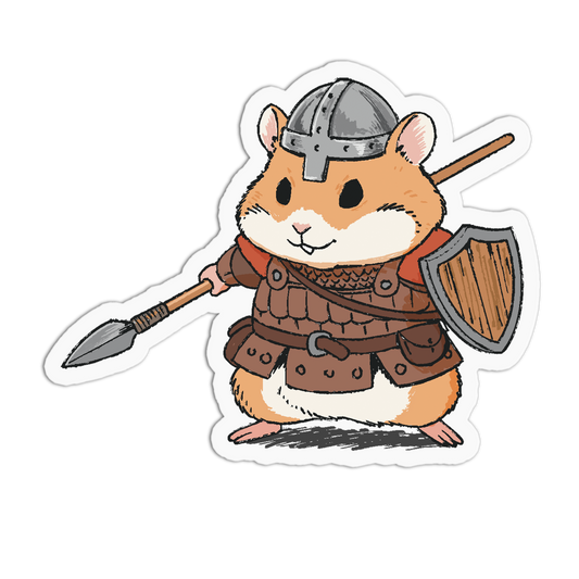 Cartoon hamster in warrior costume with helmet, armor, spear, and shield on a white background