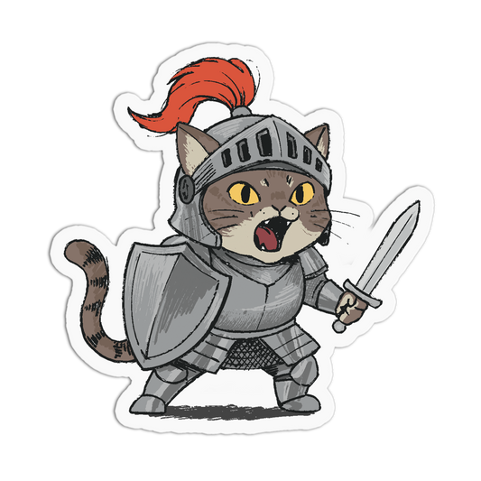 Cartoon cat in armor with a sword on a white background