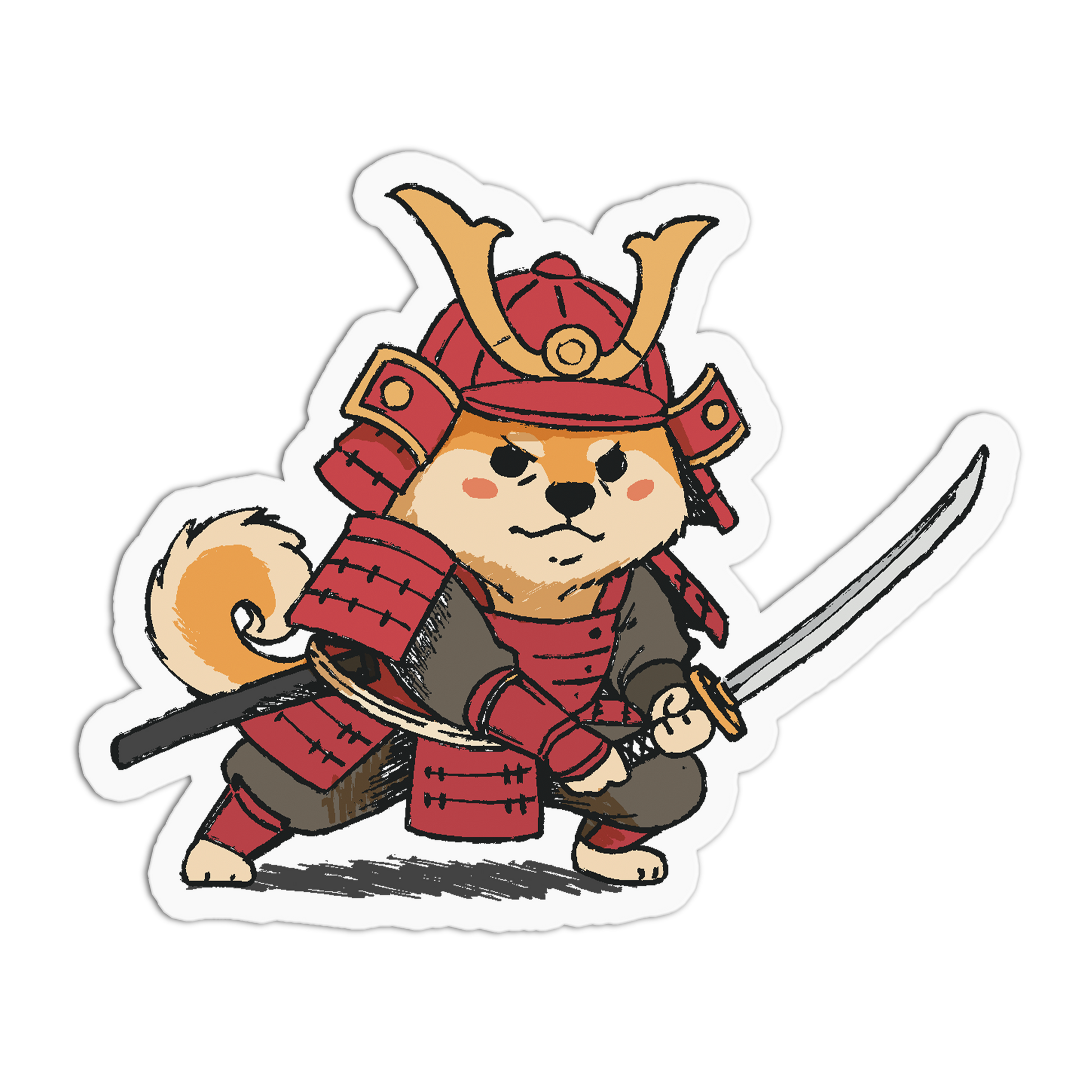 Cartoon dog in samurai armor holding a sword on a white background