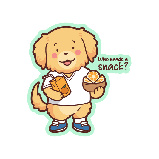 Cartoon dog holding a snack and a drink with text 'Who needs a snack?' on a white background