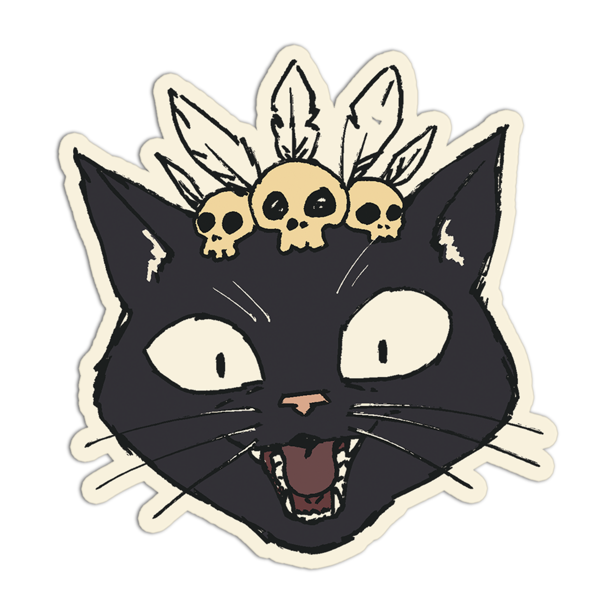 Sticker of a black cat with skull and feather headpiece on a white background