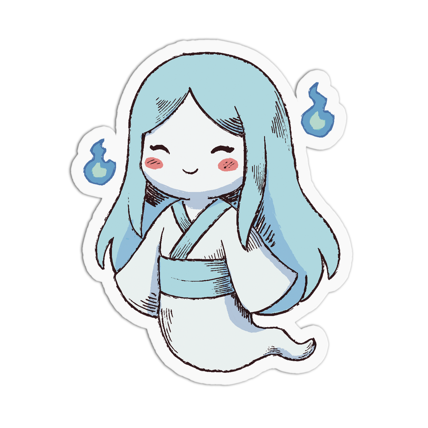 Sticker of a cartoon character with light blue hair and white outfit on a white background