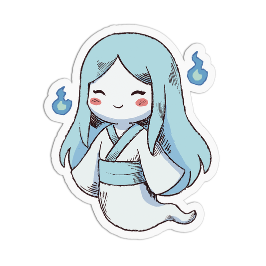 Sticker of a cartoon character with light blue hair and white outfit on a white background