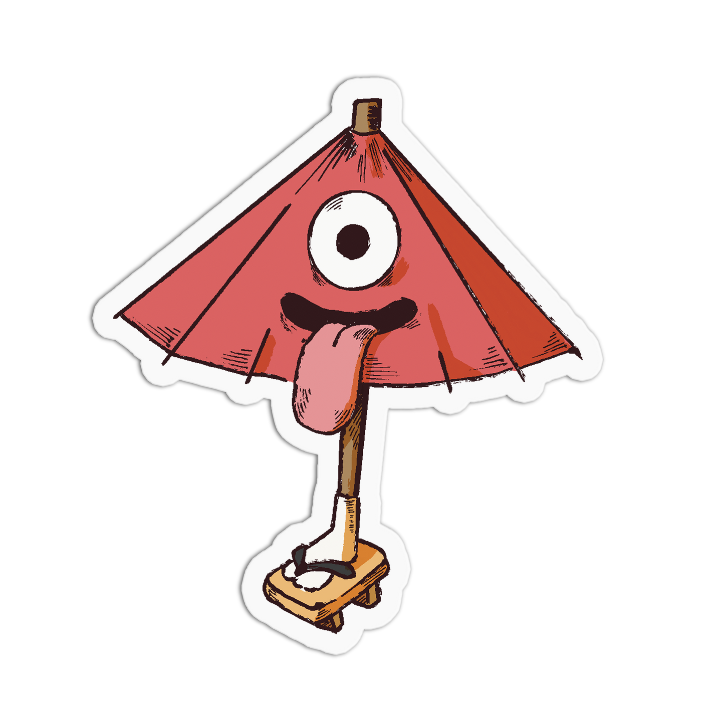 Cartoon lamp with a red shade and a single eye on a white background
