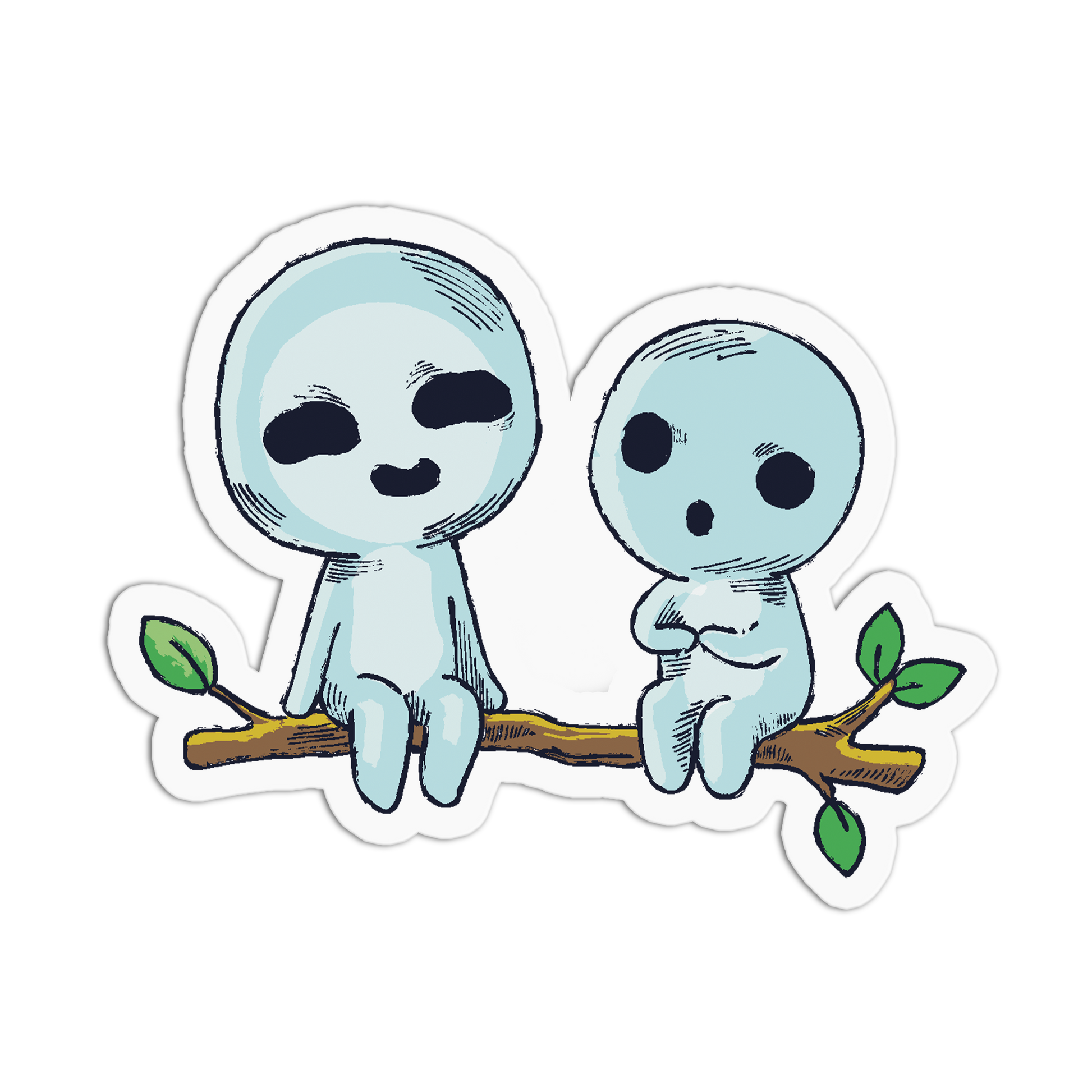 Two cartoon-style blue creatures sitting on a branch with leaves.