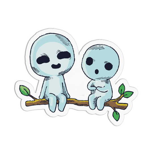 Two cartoon-style blue creatures sitting on a branch with leaves.