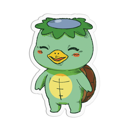 Cartoon turtle with a duck's face on a white background