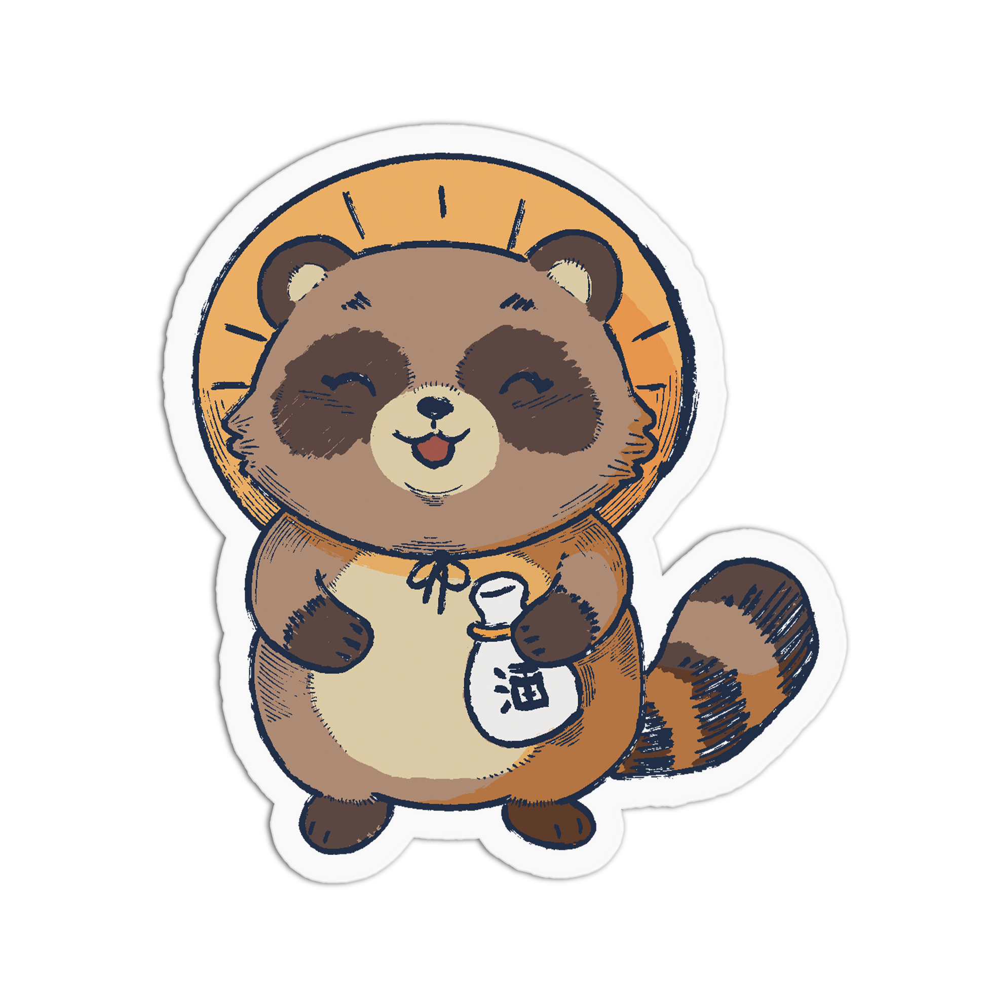 Cartoon raccoon holding a bottle with a sunset background