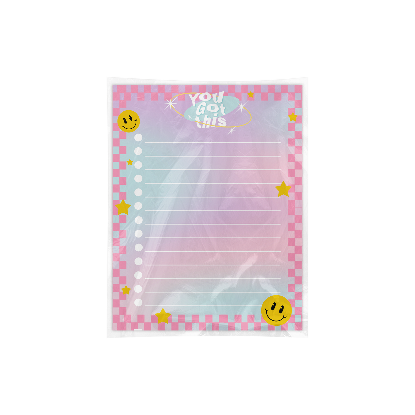 Notepad with smiley faces and 'you got this' text on a pastel gradient background