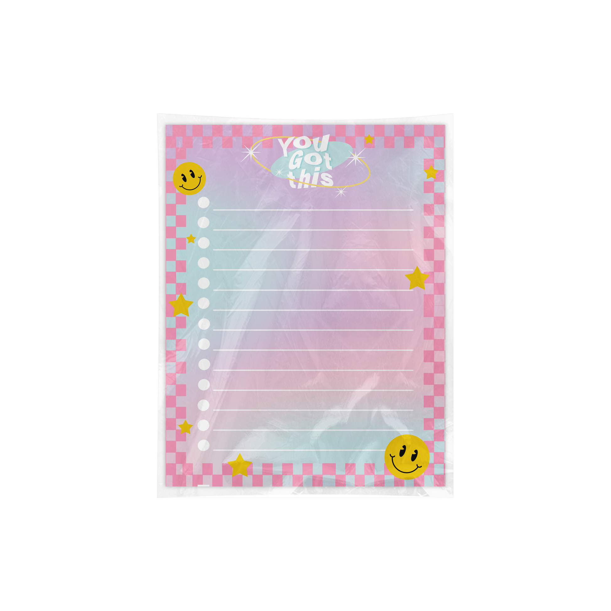 Notepad with smiley faces and 'you got this' text on a pastel gradient background