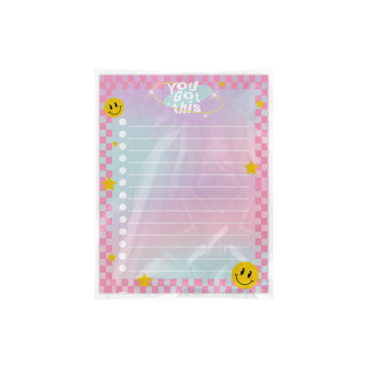 Notepad with smiley faces and 'you got this' text on a pastel gradient background